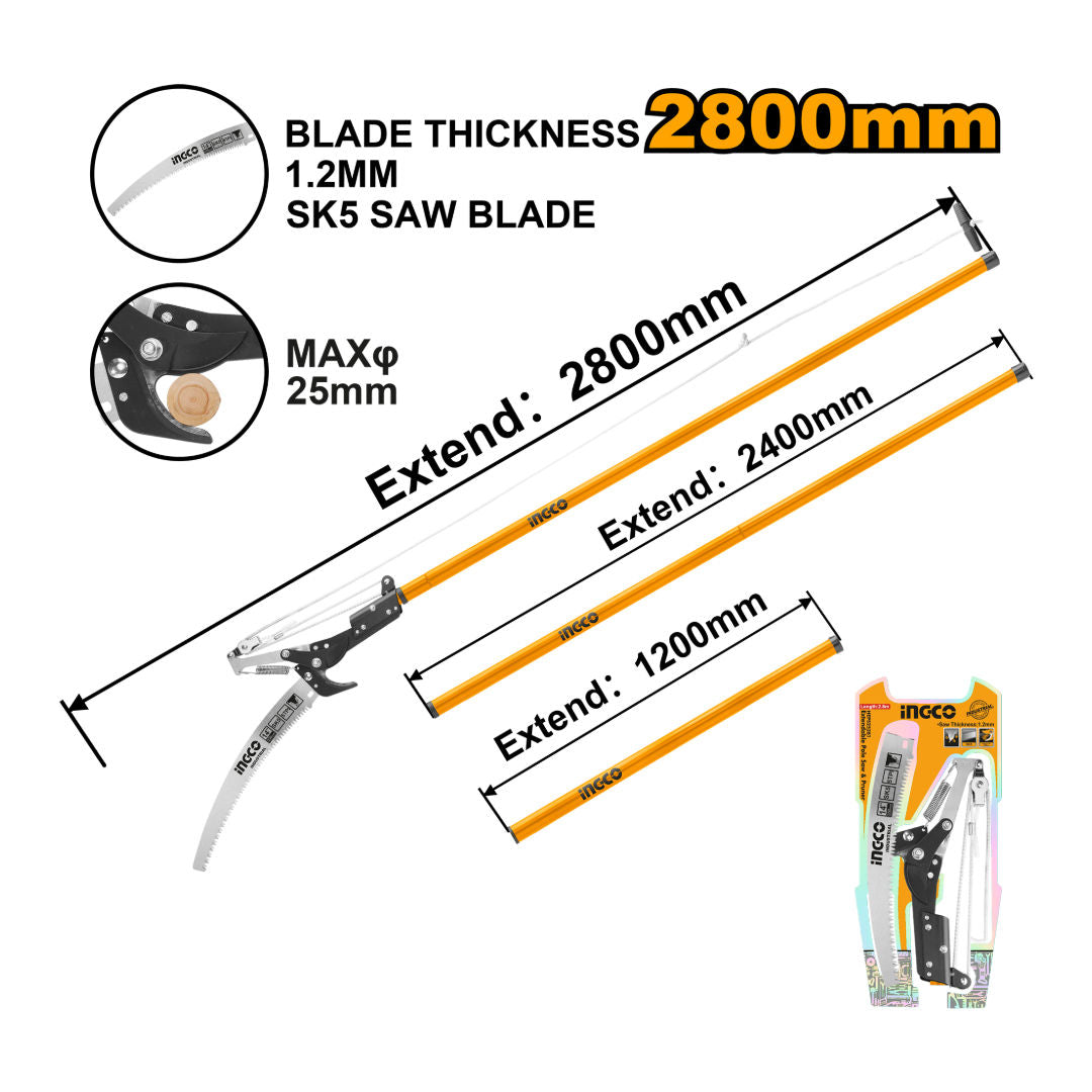 INGCO Extendable Pole Saw & Pruner, SK5 Blade, 2.8m Reach, Nylon Rope, Dual Pulley Design
