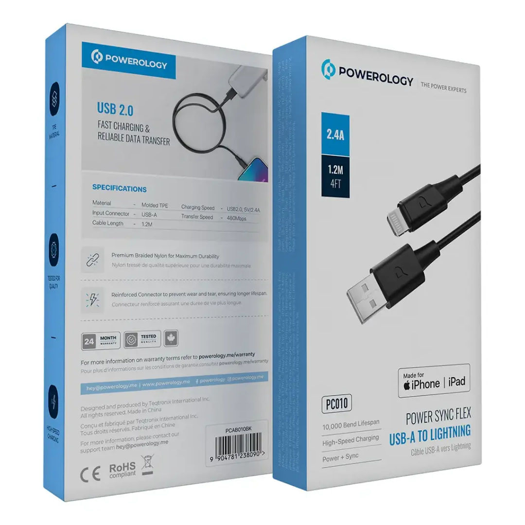 Powerology Power Sync Flex USB-A to Lightning Cable, High-Speed Charging Cable, 1.2M, Black