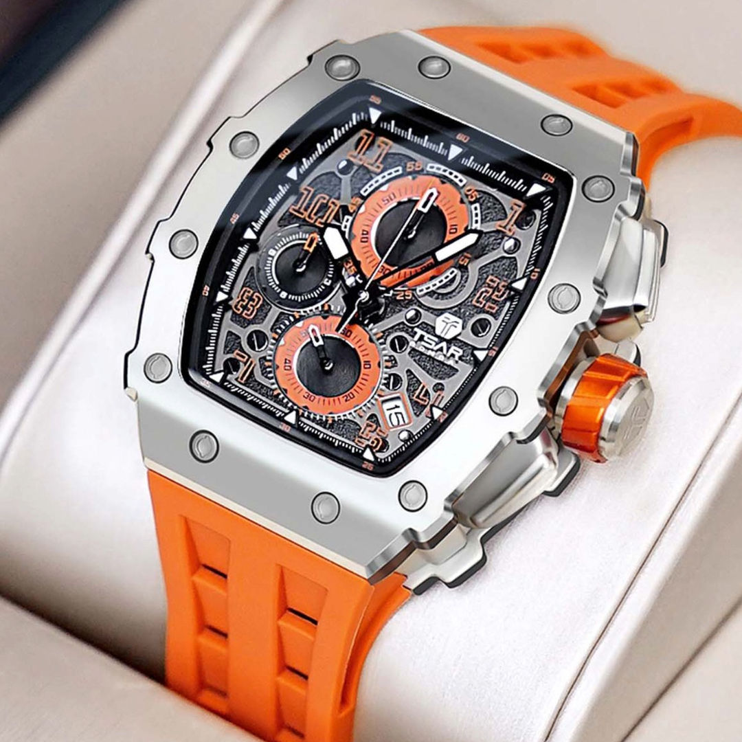 TSAR Bomba Men's Quartz Silver Case Orange Silicon Band Watch