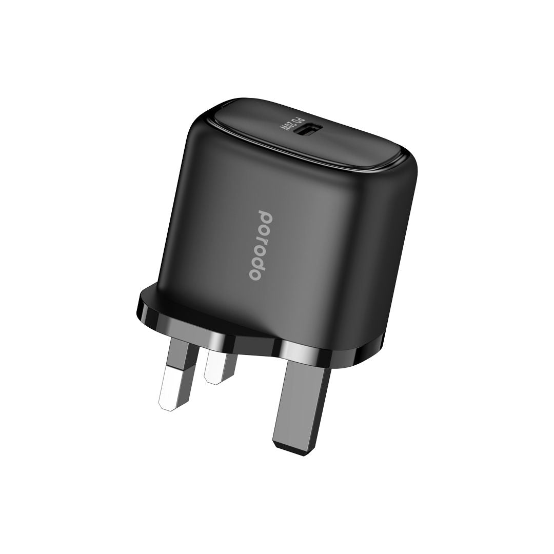 Porodo 20W Single USB C Charger UK With Type-C to Lightning Cable 1.2m, Black