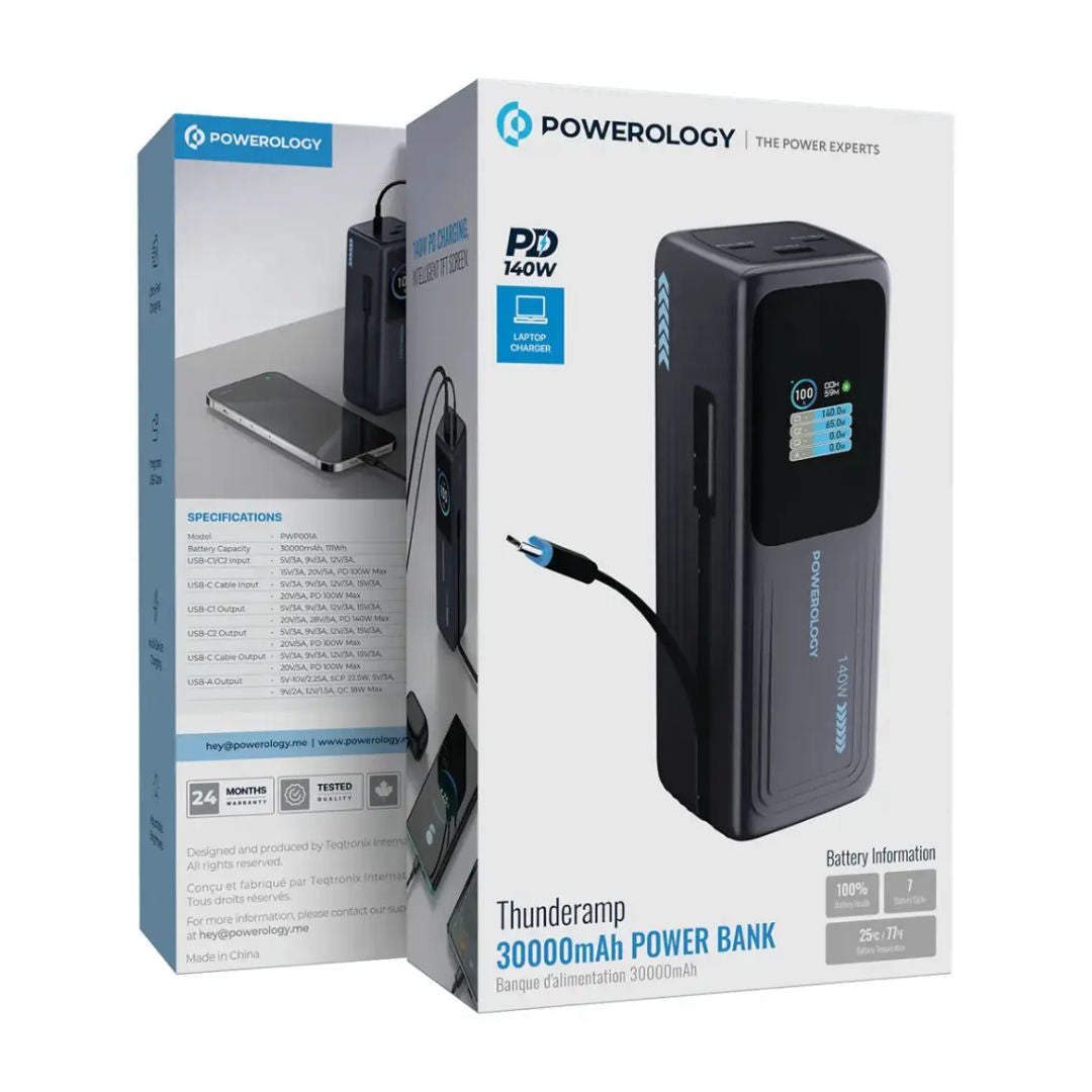 Powerology Thunderamp 30000mAh Power Bank, Gray
