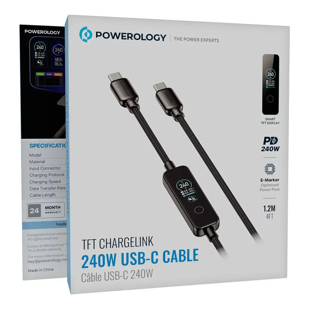 Powerology TFT Chargelink 240W USB-C Charging Cable, Black