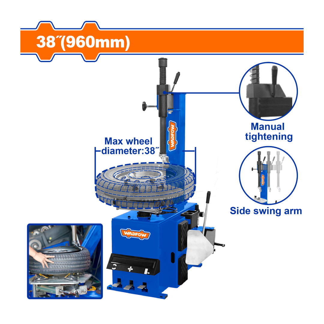 مبدل إطارات السيارات شبه الأوتوماتيكي WADFOW، 0.75 كيلوواط، 8 بار، ذراع تأرجح جانبي، كسارة حواف 2500 كجم