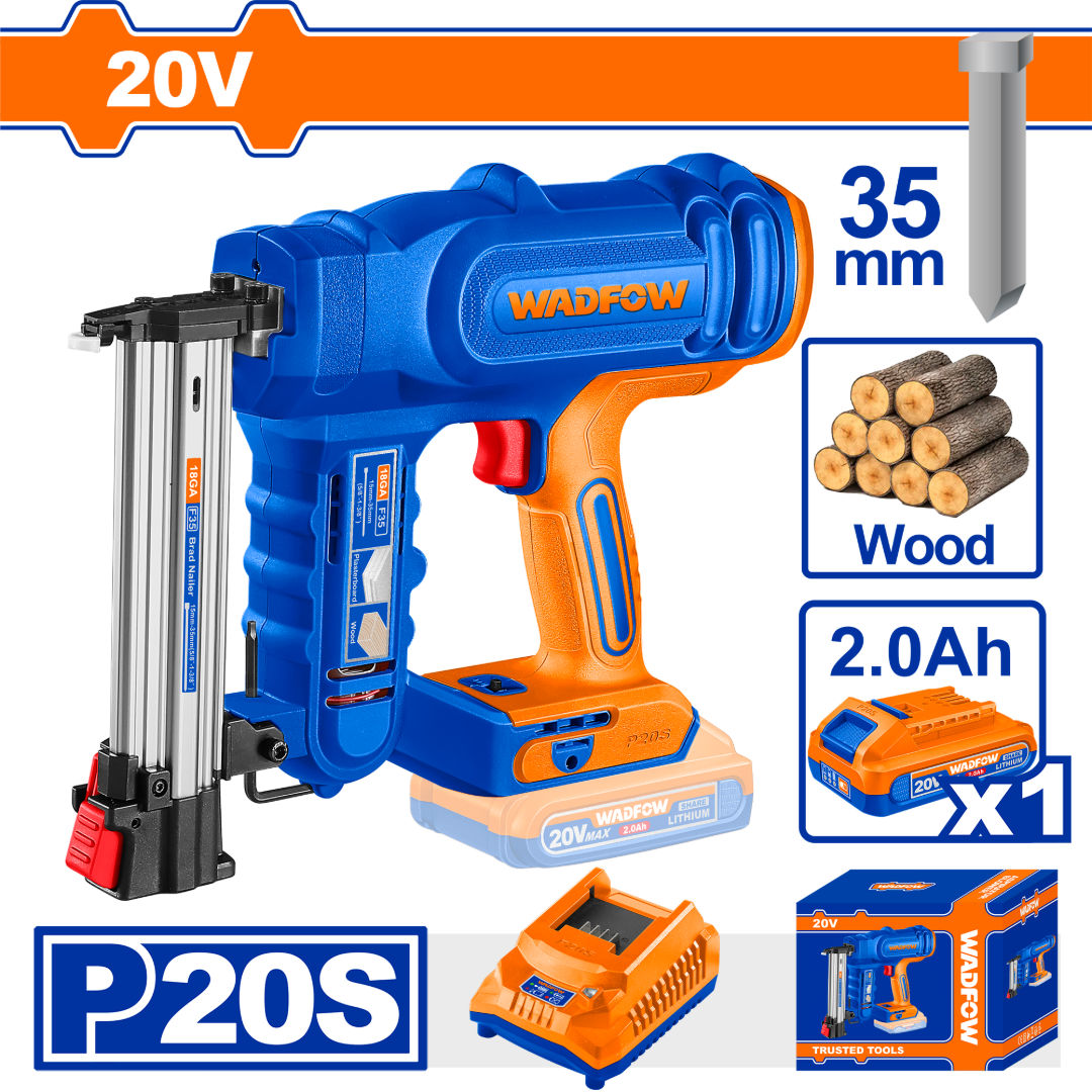 WADFOW Cordless Brad Nailer 20V, F15-F35, High-Speed Nailing Tool with Battery & Charger