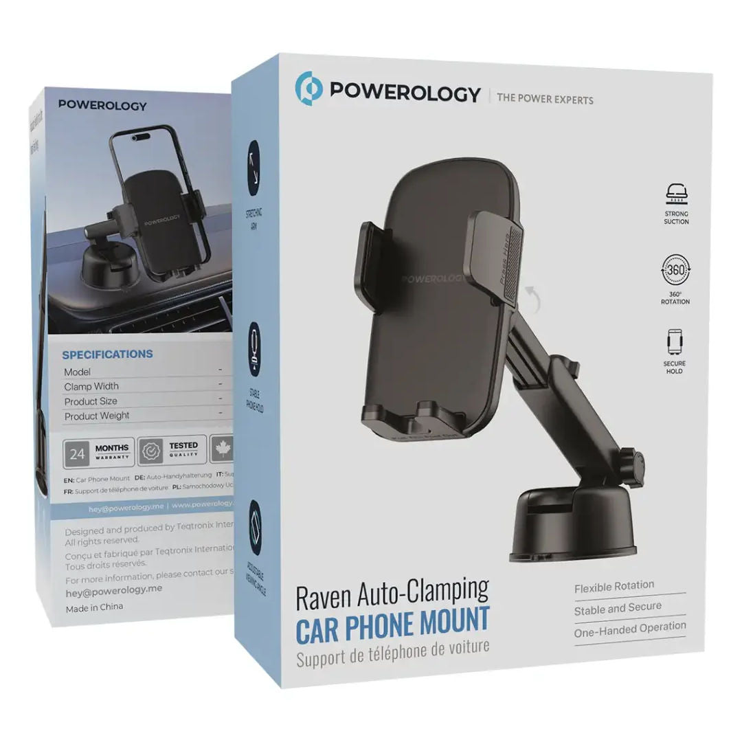 Powerology Raven Auto-Clamping Car Phone Mount, 360° Rotation, Black