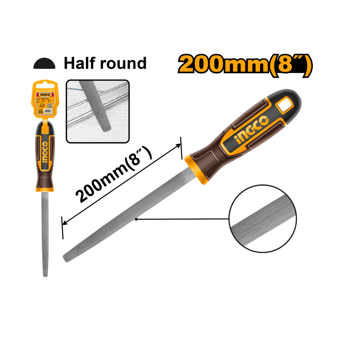 INGCO Half Round Steel File 200 mm, T12 Steel, Plastic Hanger