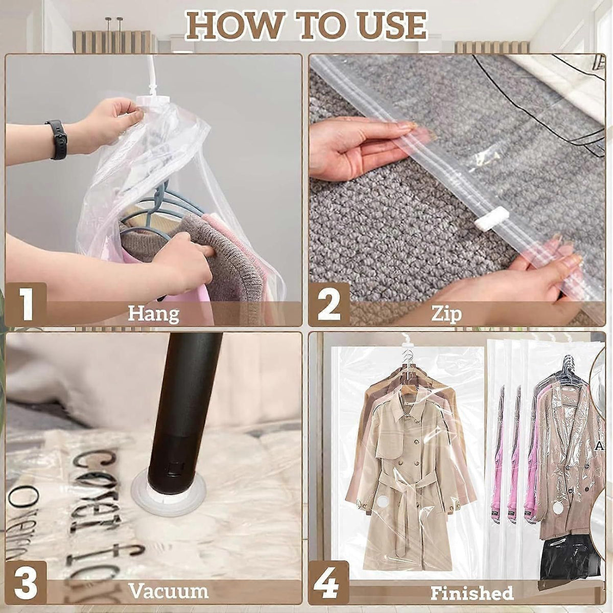 4 Pack Hanging Vacuum Storage Bags With 360 Degree Hanging Hooks