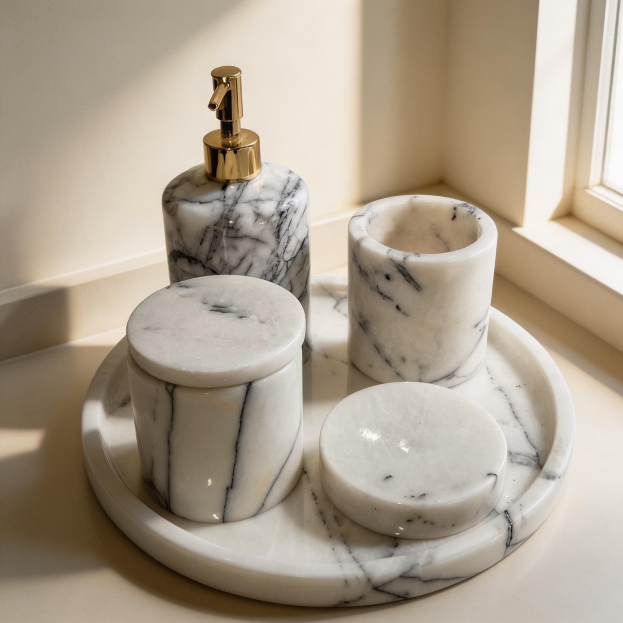 Luxury Marble Bathroom Set | Round Tray, Soap Dispenser, Organizer & Soap Dish | Modern Bathroom Decor Gift