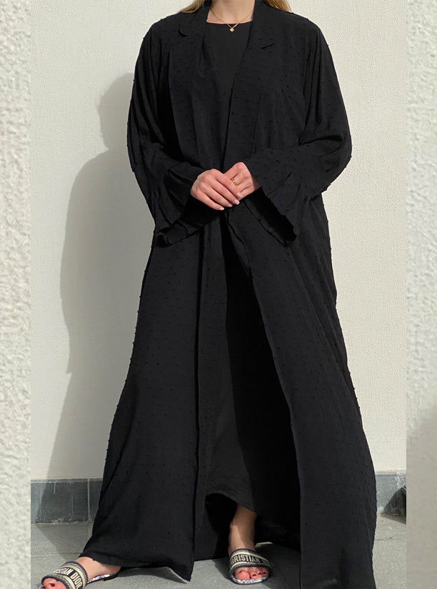 MOiSTREET Linen Black Textured with Pleated Sleeves Abaya Set with Under Dress & Sheila