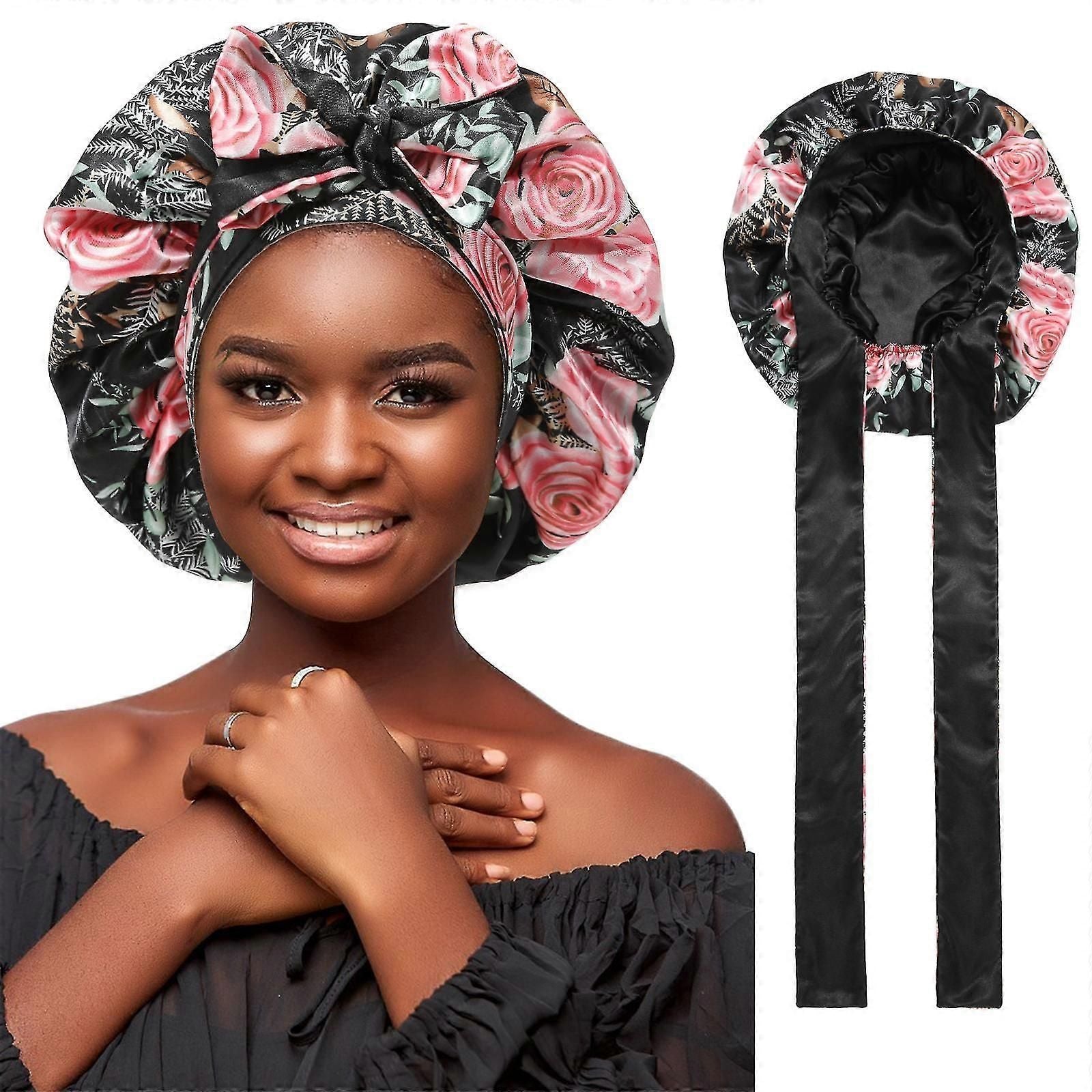 Double Layer Satin Bonnet Hair Wrap With Tie Band Night Cap For Women