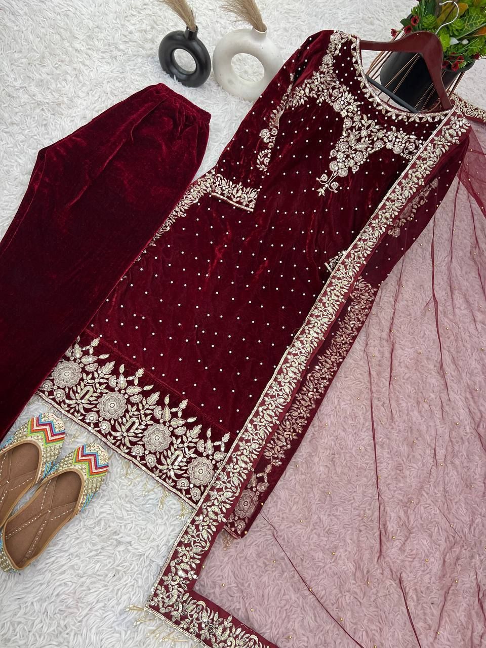Fab Zone Velvet Embroidered Suit with Dupatta and Stitched Bottom