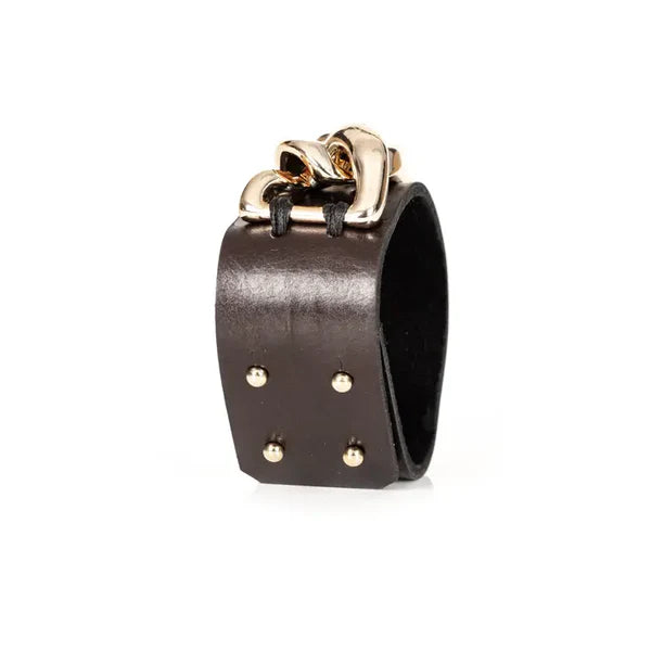 The Dark Brown Leather Chain Cuff Bracelet with Oversized Gold Links Handmade Statement Bracelet