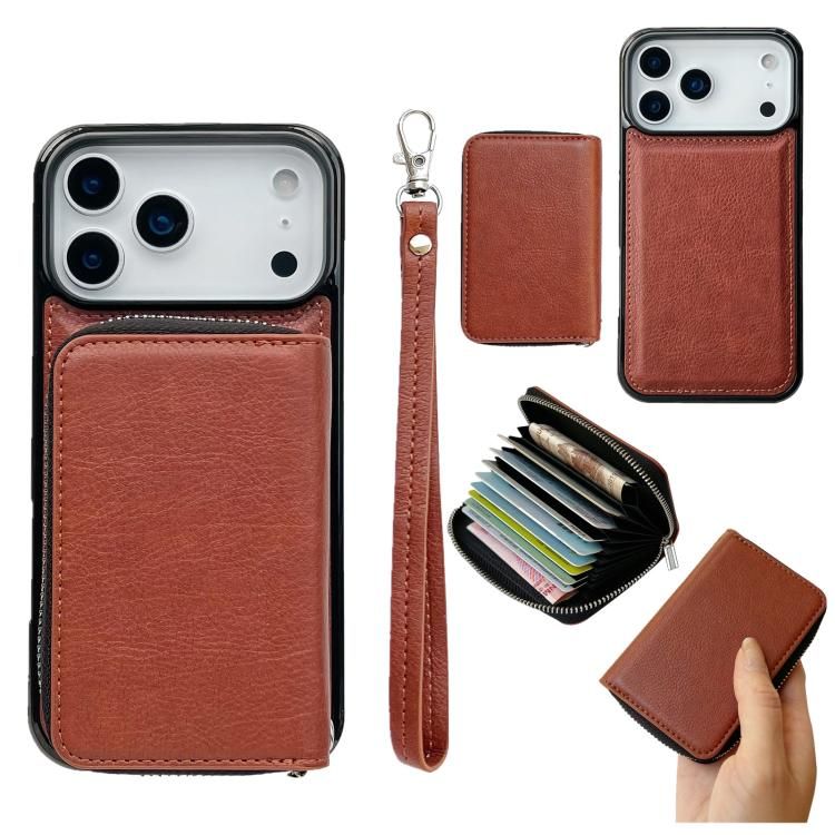 For iPhone 18 Pro Max / iPhone 17 Pro Max Solid Color Zipper 11-Card Slots Bag Phone Case with Lanyard