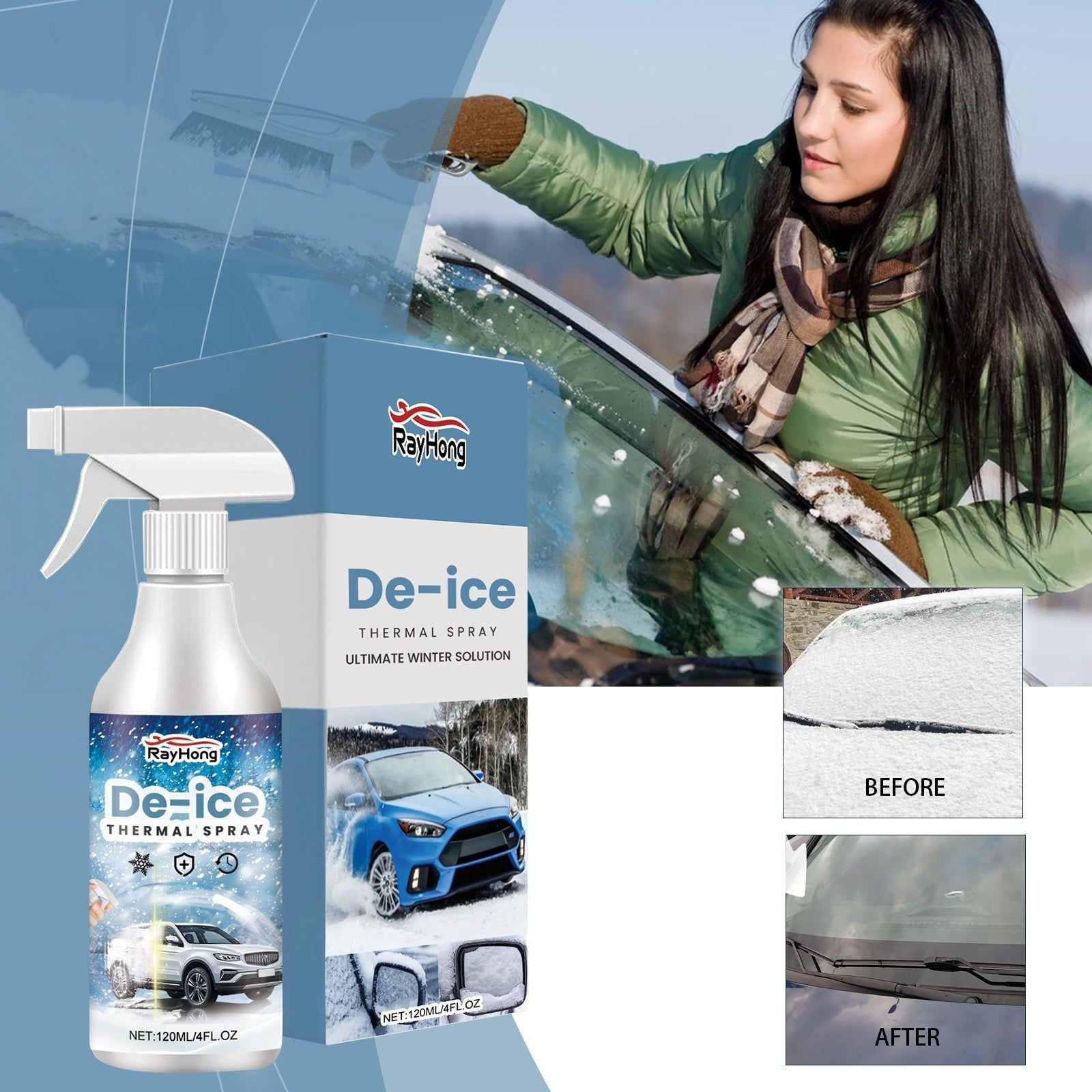 Car Deicing Spray, Fast Snow & Ice Removal, Car Cleaning Solution ,120ml