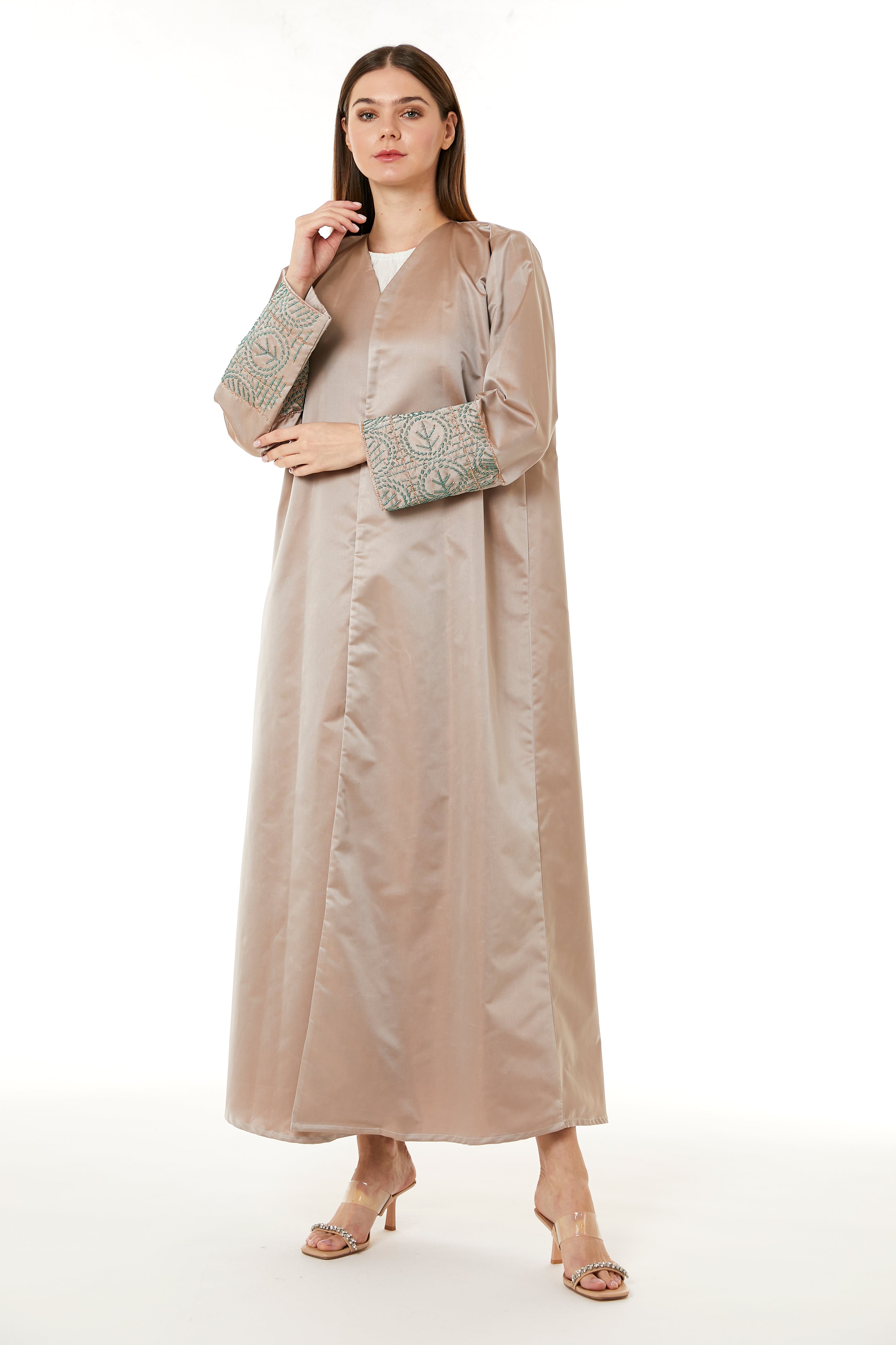 Tan Victoria Satin Hand Embellished Abaya