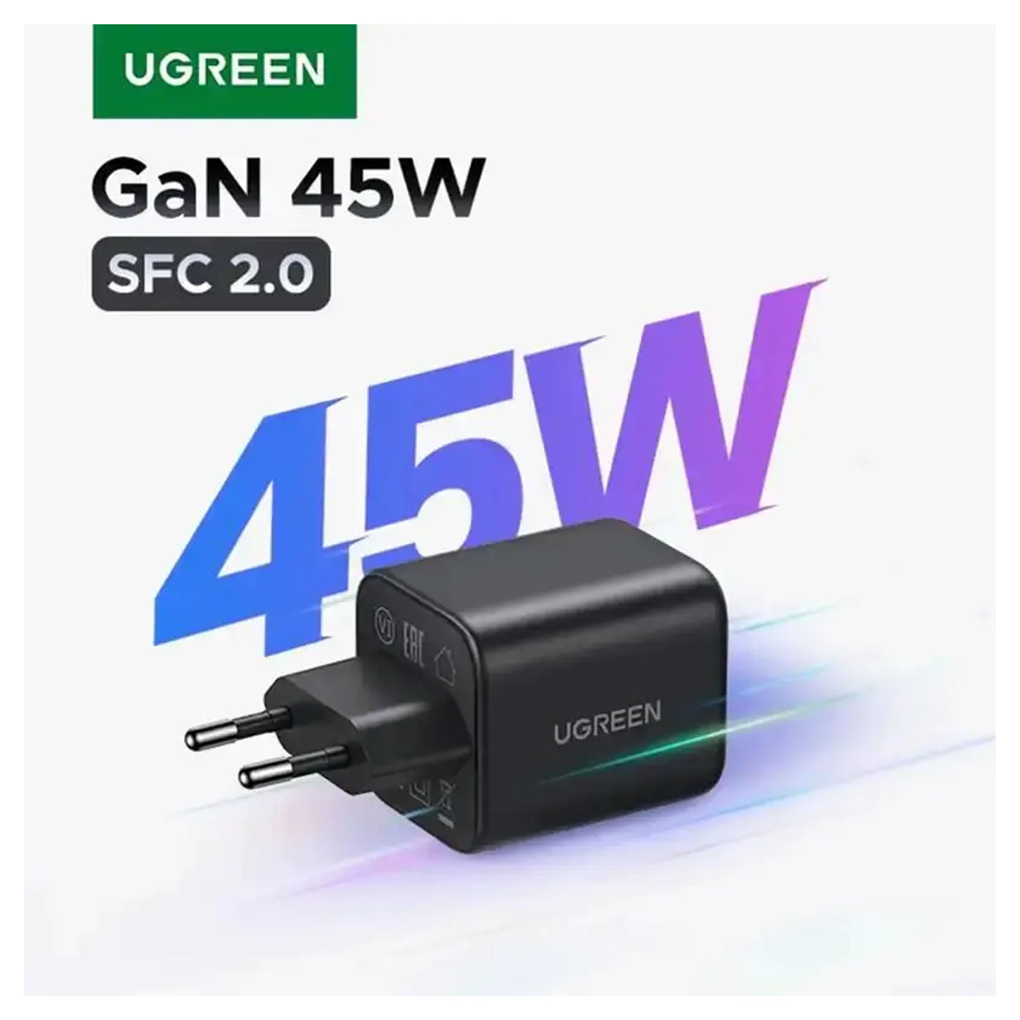 شاحن سريع UGREEN X525 بقدرة 45 واط ومزود بمنفذين من نوع GaN، USB-C + USB-A، قابس أوروبي، أسود