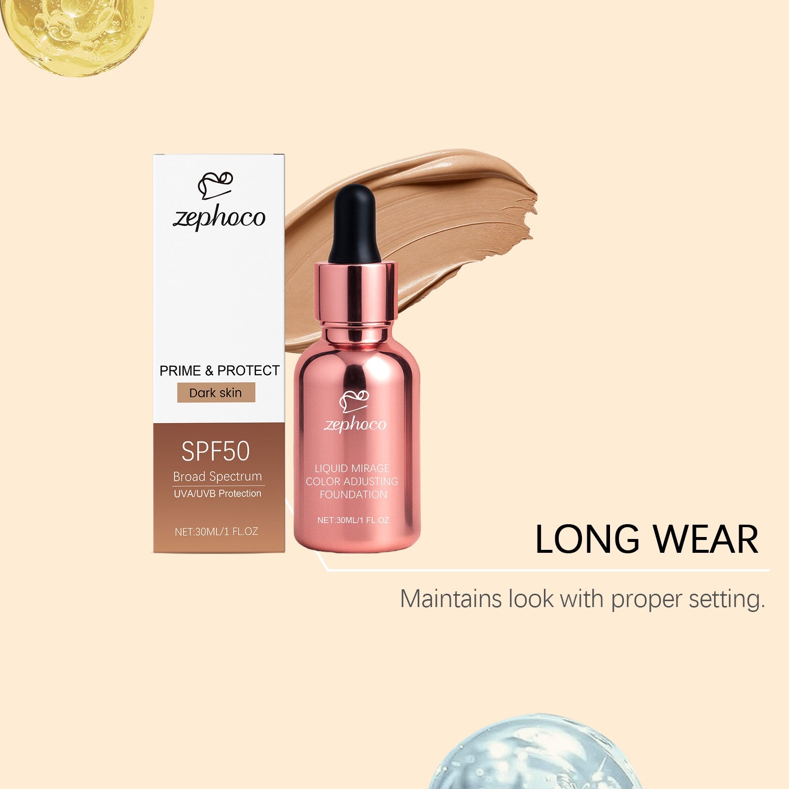 Dark Skin Liquid Foundation, Color-Changing, SPF50, Moisturizing, Natural ,30ml