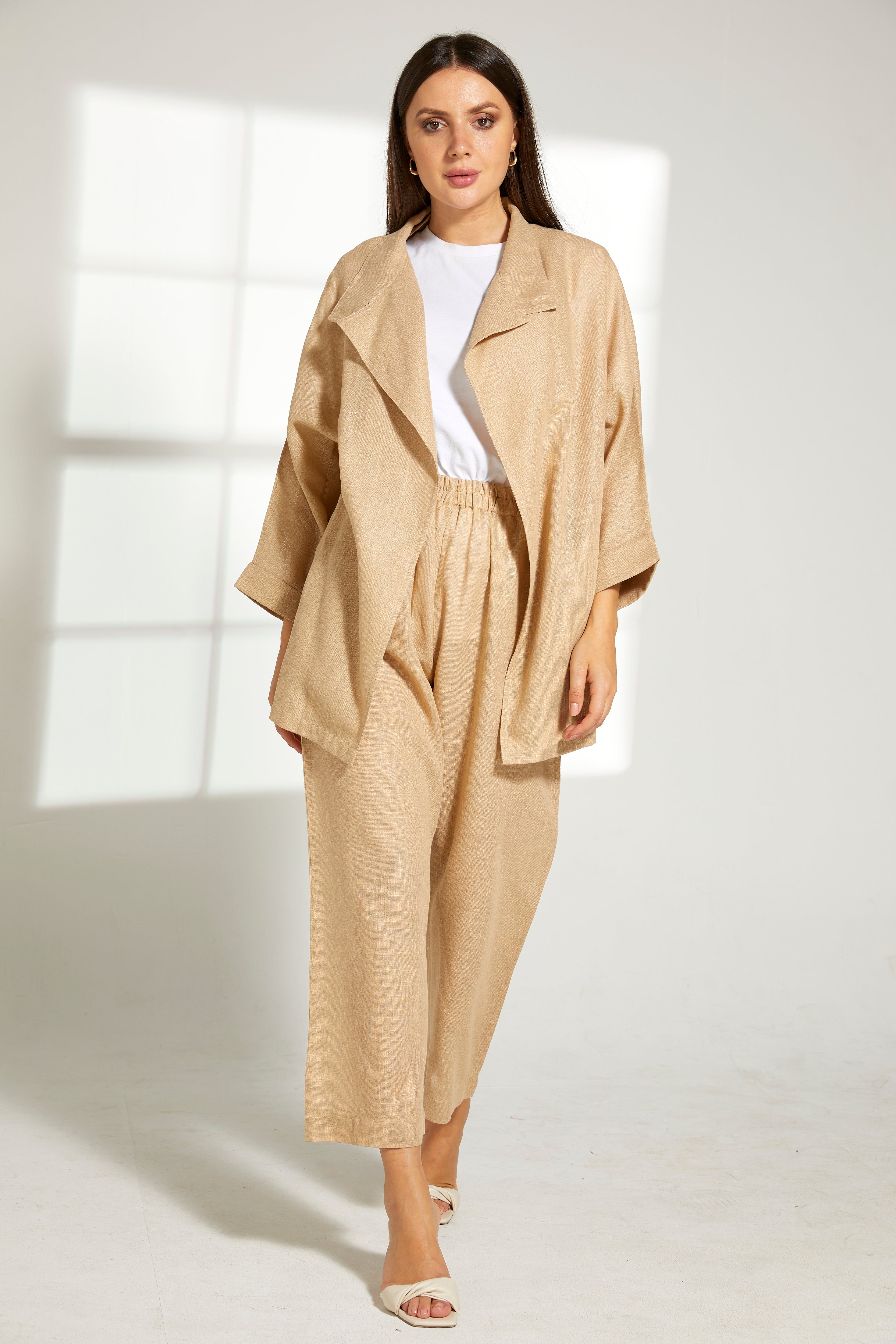 MOiSTREET Tan Linen Fabric Top and Pants Set