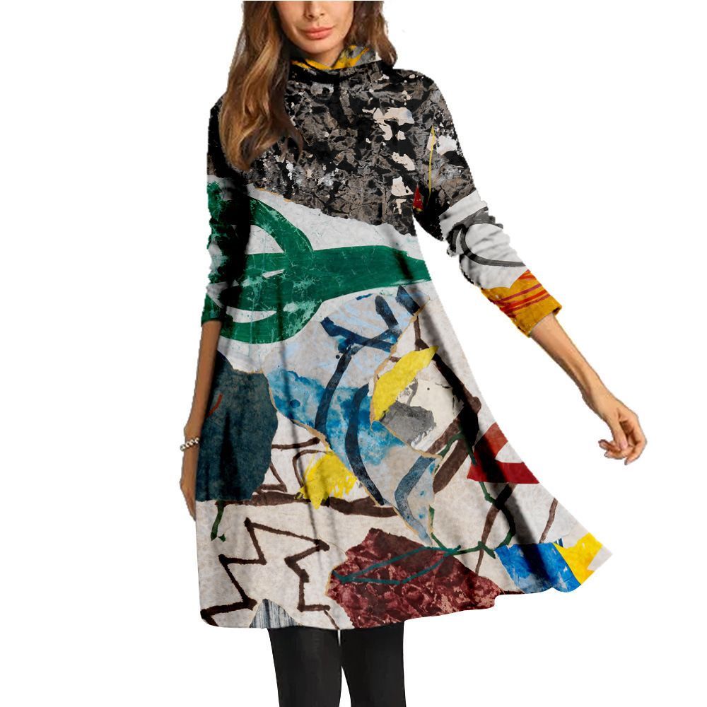 Autumn Vintage High Neck Dress Art Print Long Sleeve Casual Streetwear For Women