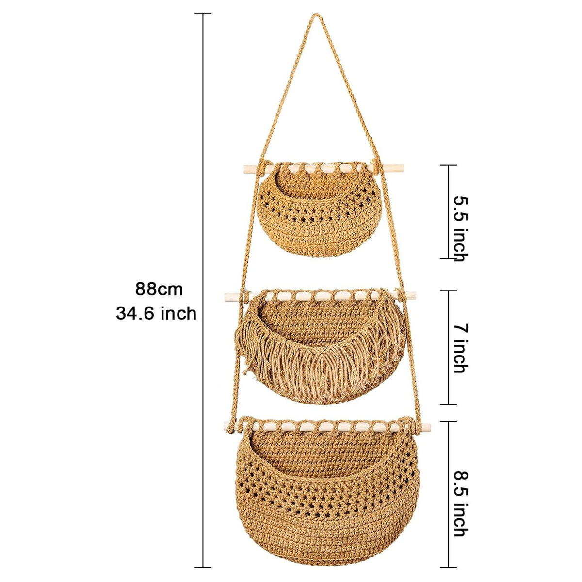3 Tier Hanging Fruit Basket Woven Cotton Wall Mounted Storage Baskets for Kitchen Bedroom
