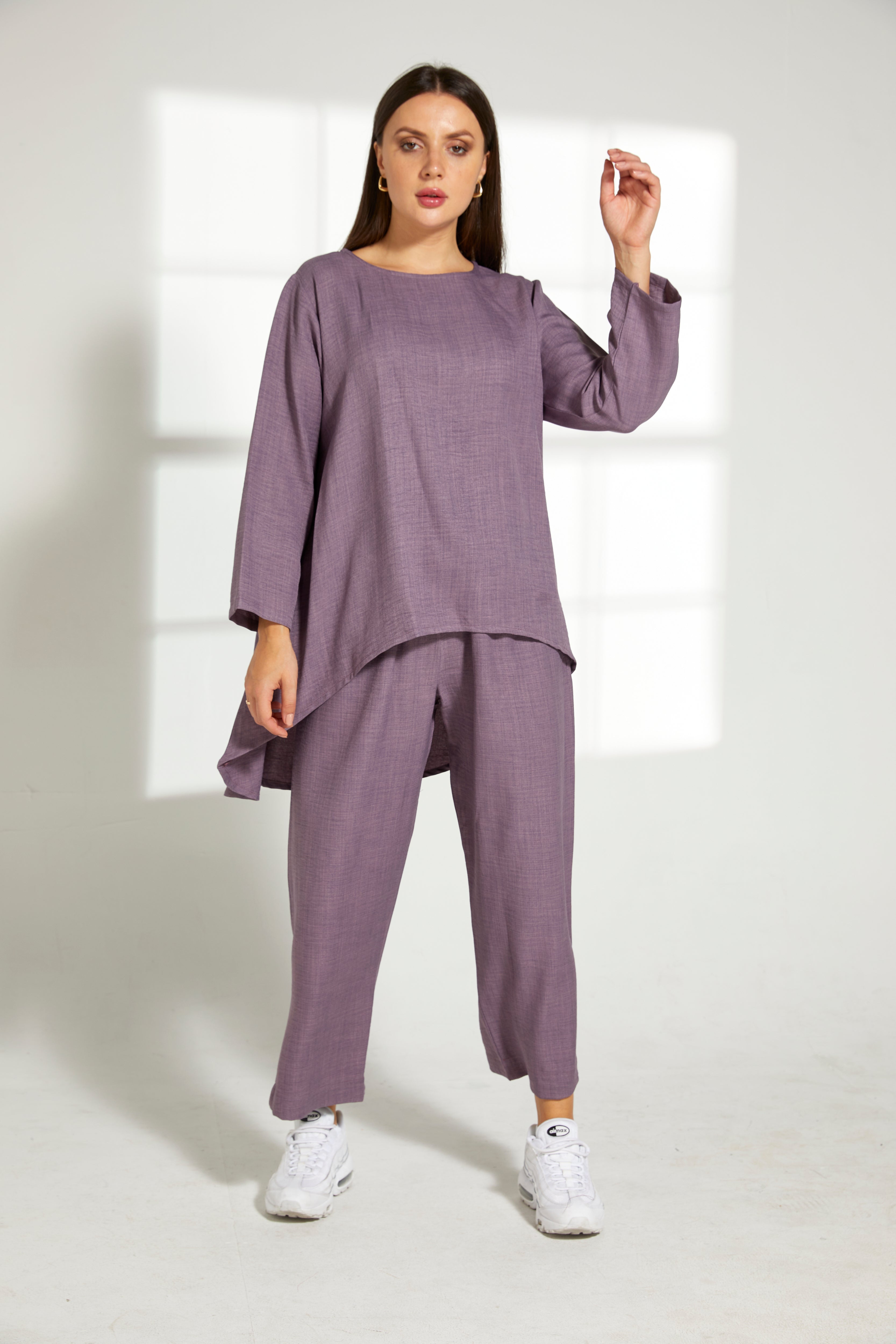 MOiSTREET Purple CEY Mélange Fabric Top And Pants set