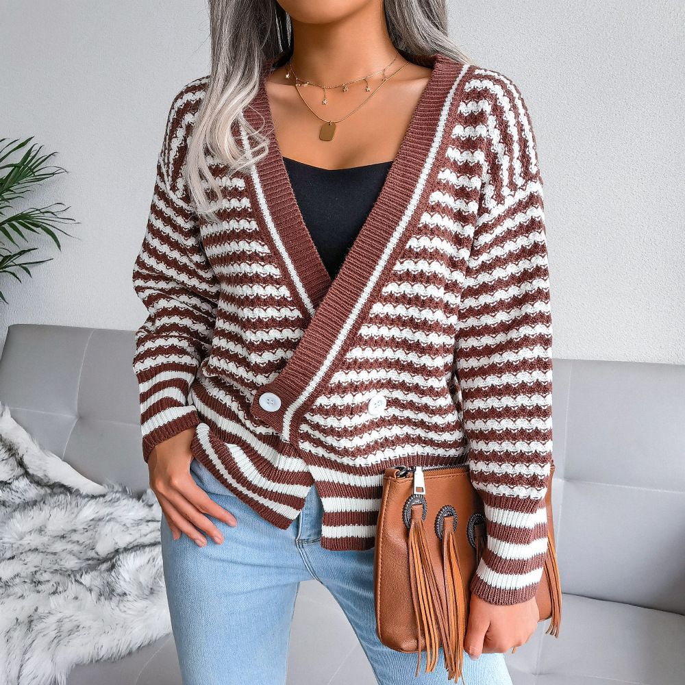Winter V Neck Striped Cardigan Women  Autumn Long Sleeve Casual Knitted Sweater