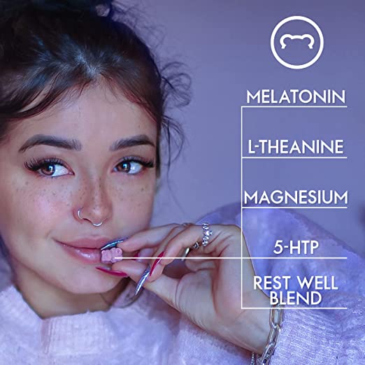 فيتامينات SugarBear Sleep، فيتامينات نباتية على شكل علكات تحتوي على الميلاتونين، 5-HTP، المغنيسيوم، L-الثيانين، جذر فاليريان، بلسم الليمون