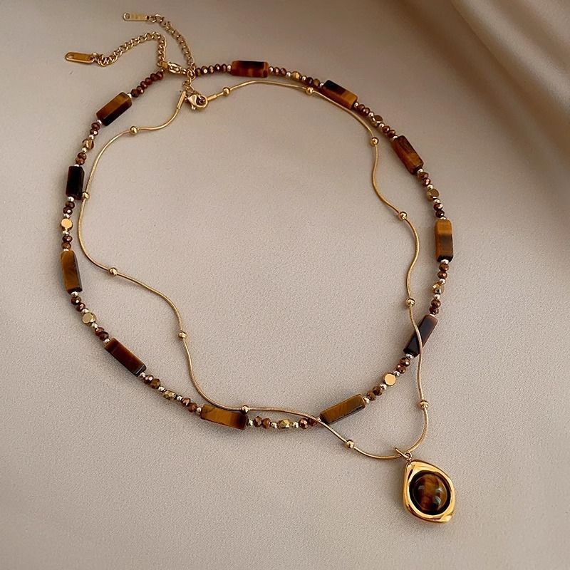 Double Layer Tiger Eye Butterfly Pendant Necklace for Women Adjustable Long Chain Layered Jewelry Gift