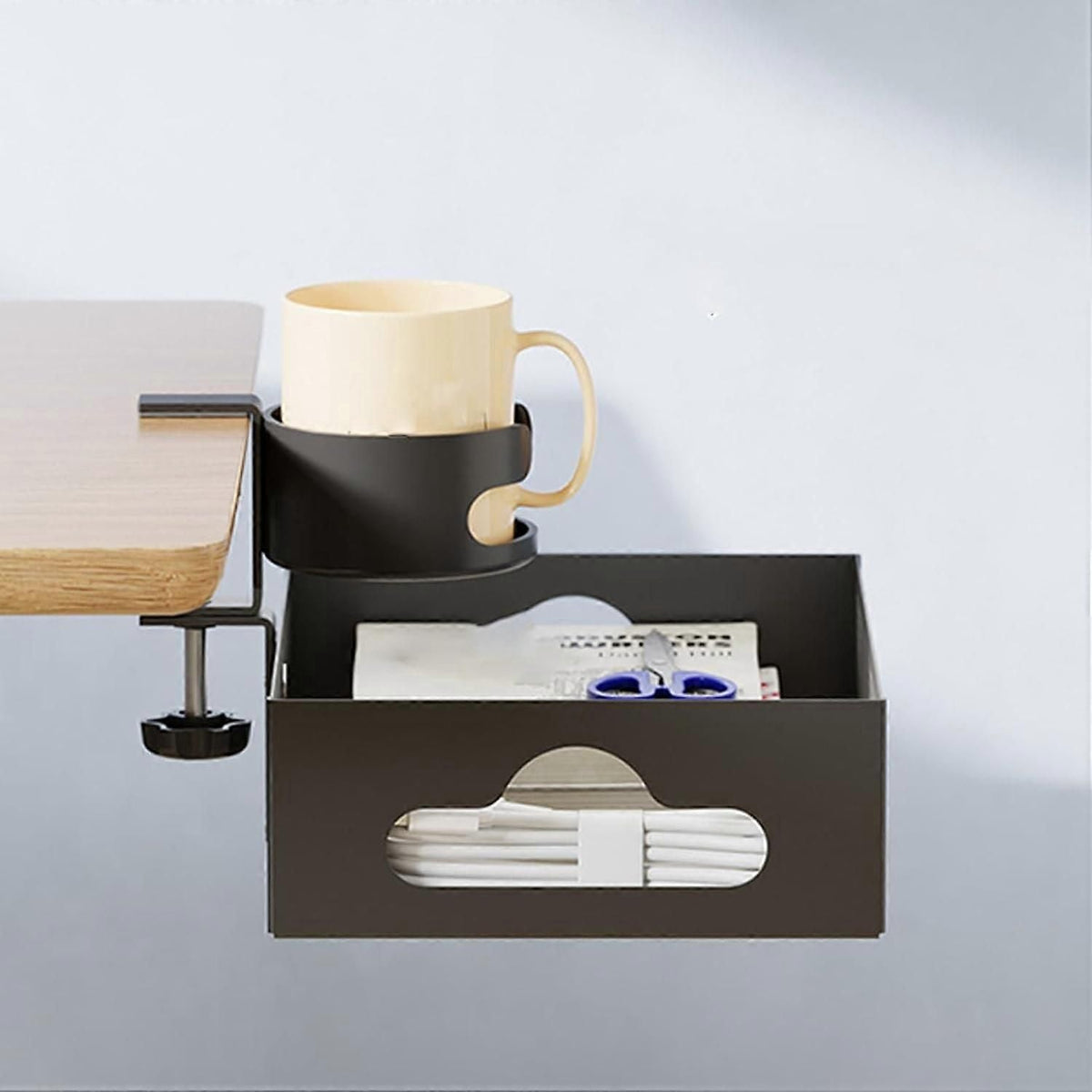 Under Desk Organizer with Cup Holder Clamp On Rotating Storage Tray for Pens Bottles Notebooks