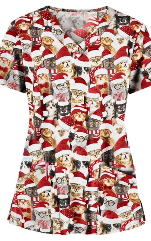 Christmas Nurse Uniform Women V neck Print T shirt Casual Short Sleeve Pocket Tops