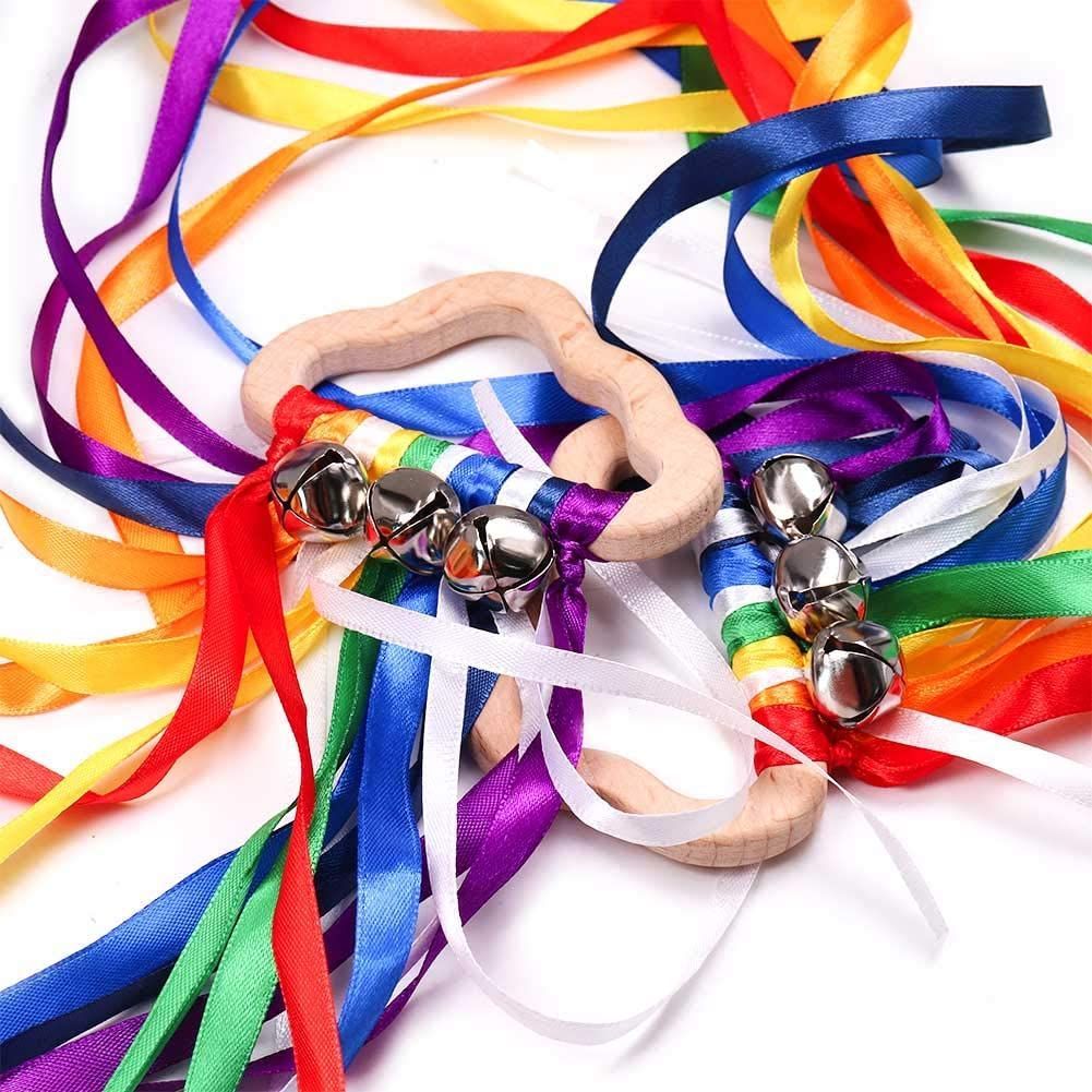 2pcs Rainbow Ribbon Rattle Ring Toys Molar Wooden Circle Baby Teether Sensory Toy Gifts