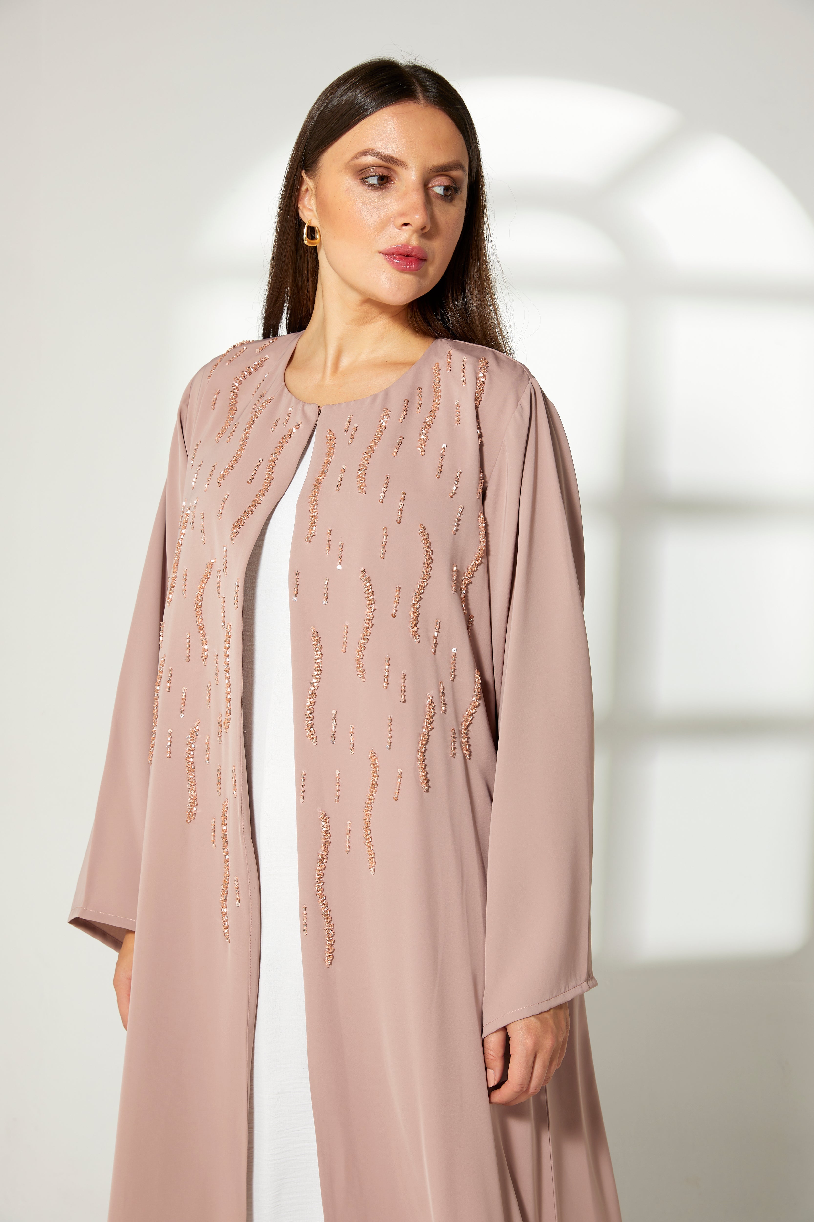 MOiSTREET Tan Korean Nida Front Embroidered Abaya