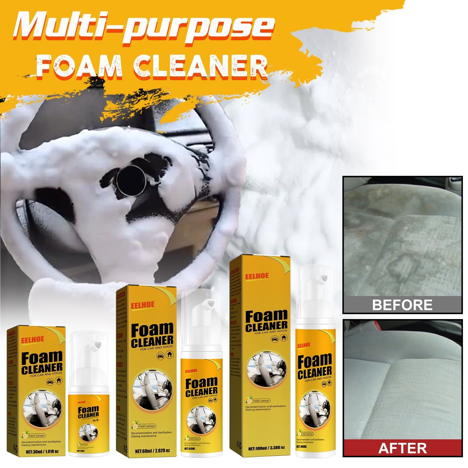 Car Seat Cleaning Foam, Multi-Purpose Interior Decontamination, Safe and Fast ,120ml