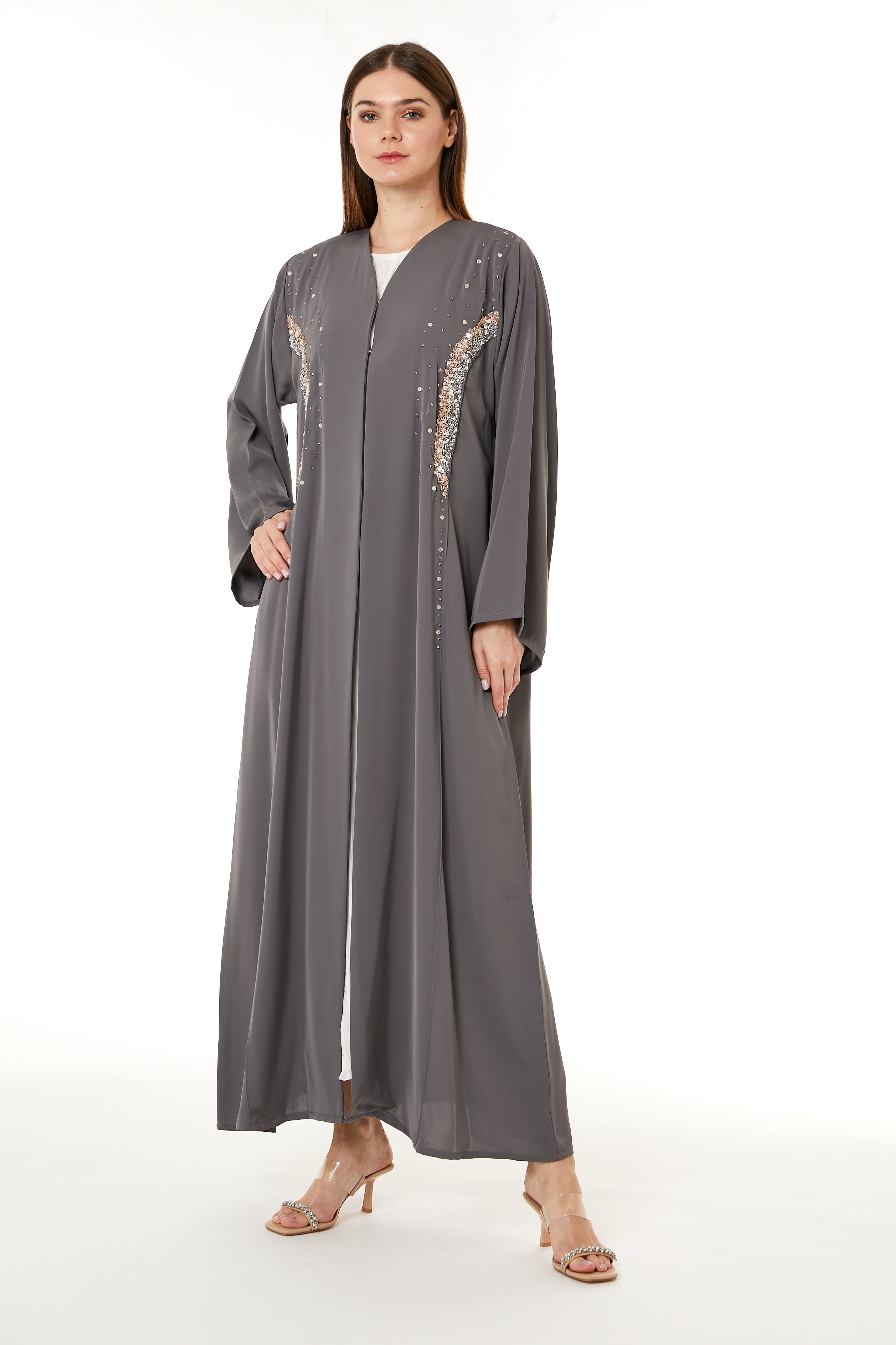 Grey Korean Nida Hand Embellished Abaya