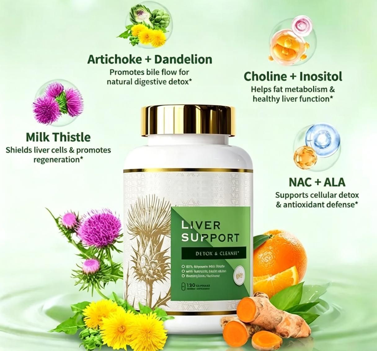 Milk Thistle Liver Support Daily Dietary Supplement, Herbal Blend with Artichoke Dandelion NAC Choline 120 Capsules