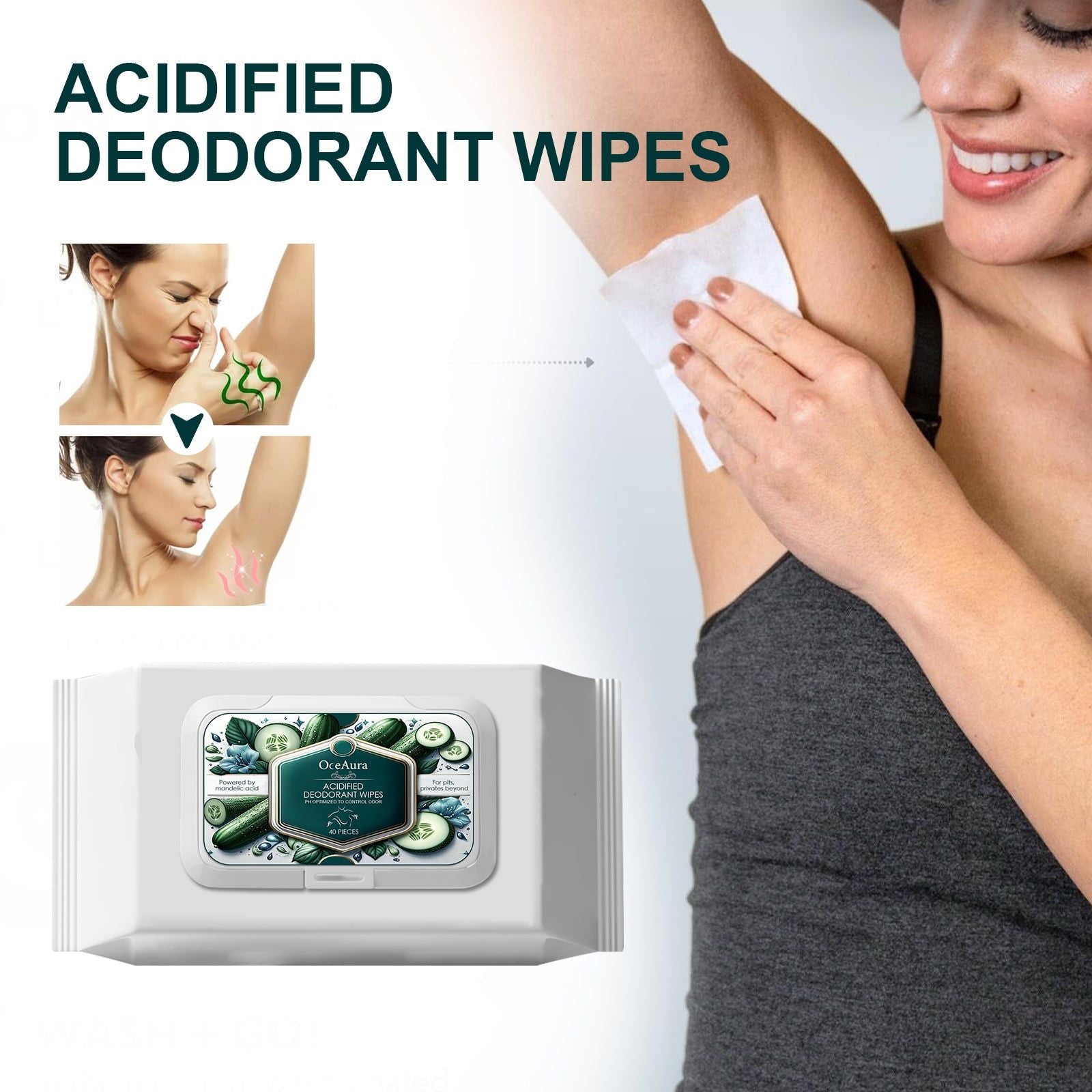 Acidified Deodorant Wipes for Body Cleansing, Odor Removal, Fresh Skin ,40pieces