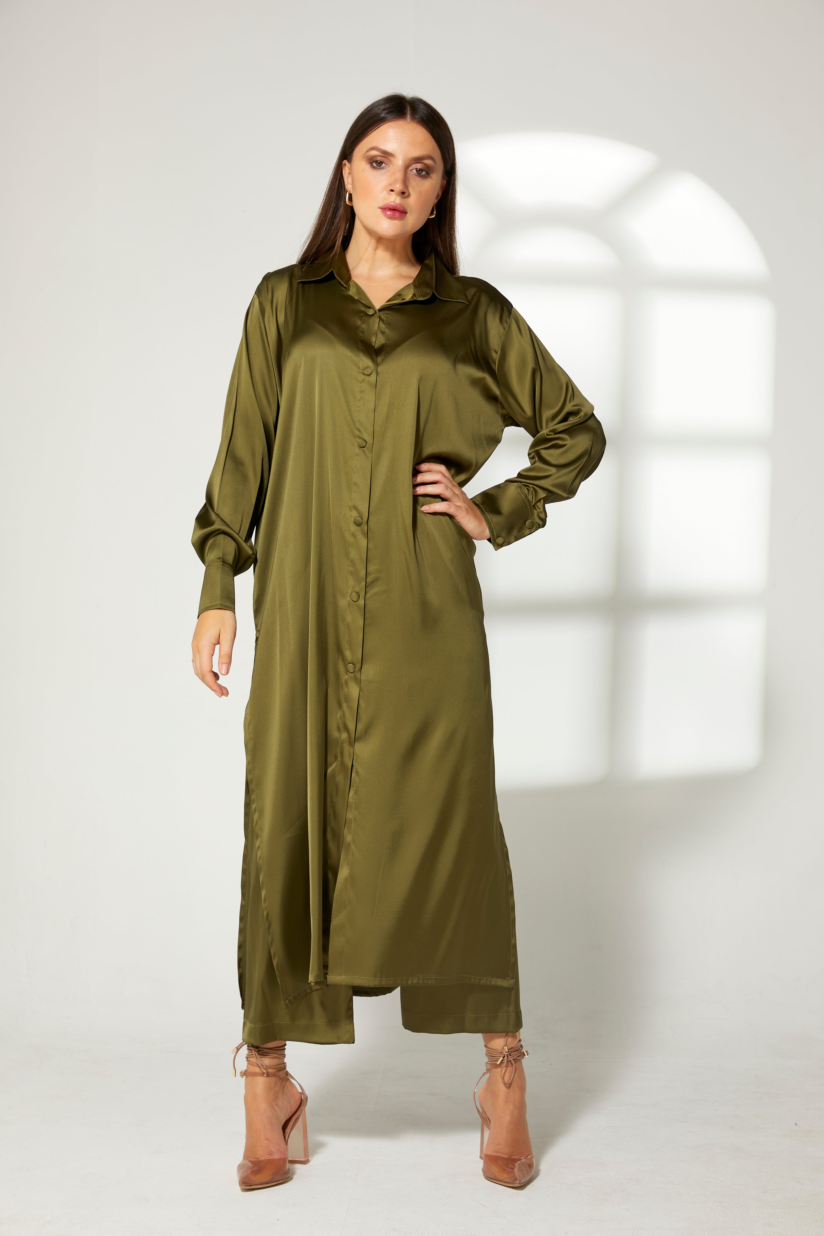 MOiSTREET Mustard Green Silk Fabric Top and Pants Set