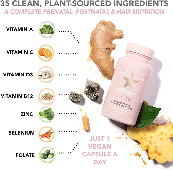HAIRtamin Mom فيتامينات طبيعية نباتية متعددة للأمهات الحوامل تحتوي على البيوتين والبروبيوتيك وفيتامين B-6 والحديد، الأفضل بعد الولادة
