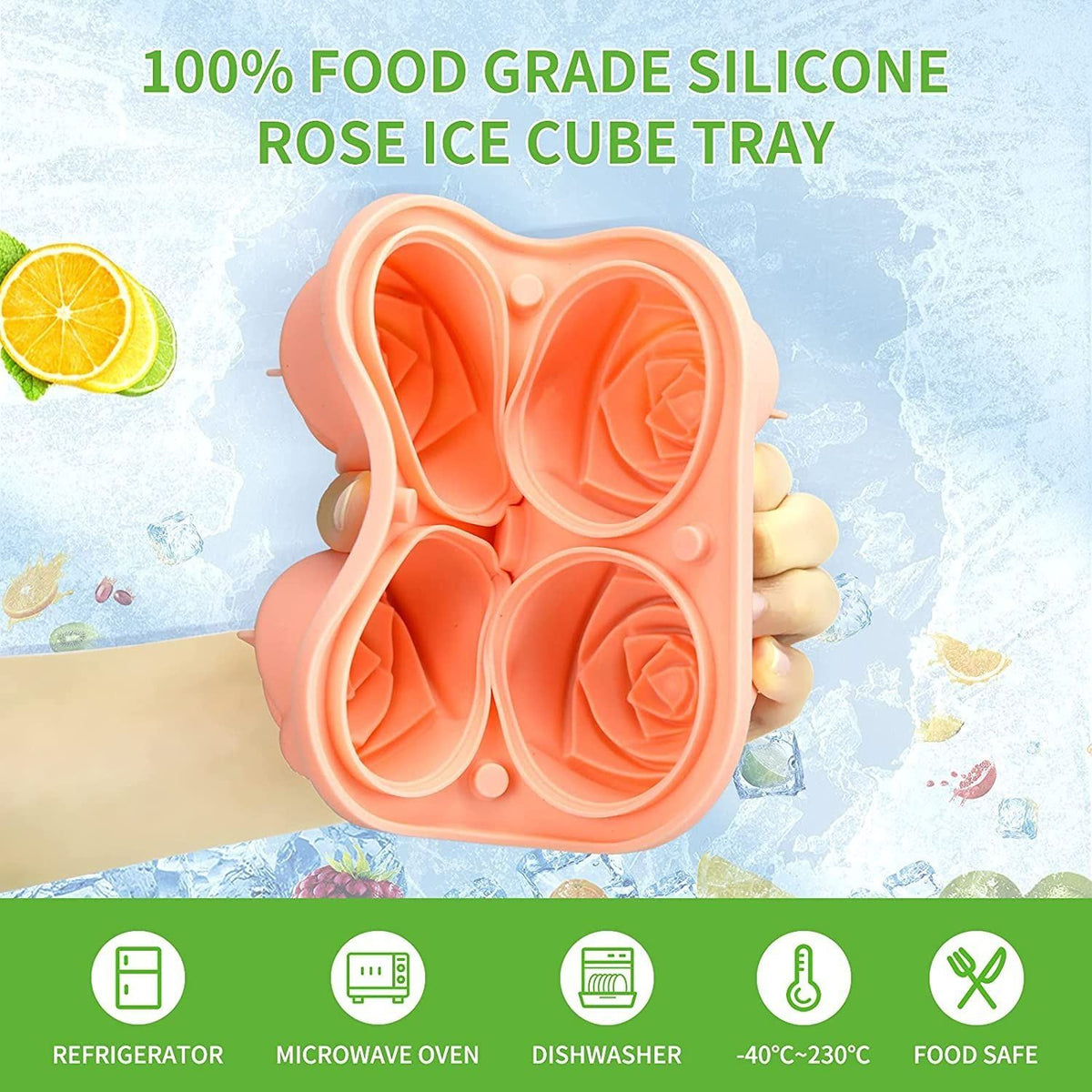 4 Cavity Ice Cube Trays 3D Silicone Rose Ice Tray Mold With Removable Funnel-Shaped Lid