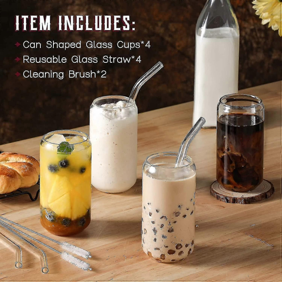 Flkwoh Drinking Glasses With Glass Straw 4pcs Set - 16oz Can Shaped G