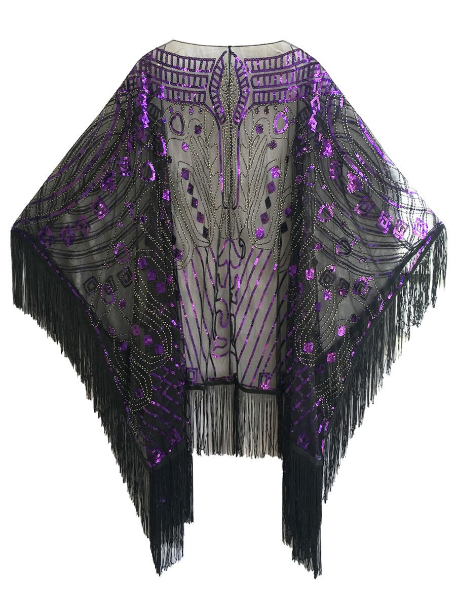 1920s Black Beaded Fringe Shawl Vintage Flapper Wrap