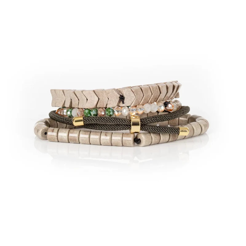 The Dark Pavé Lock Multi-Layer Beaded Bracelet Stack Sand & Olive