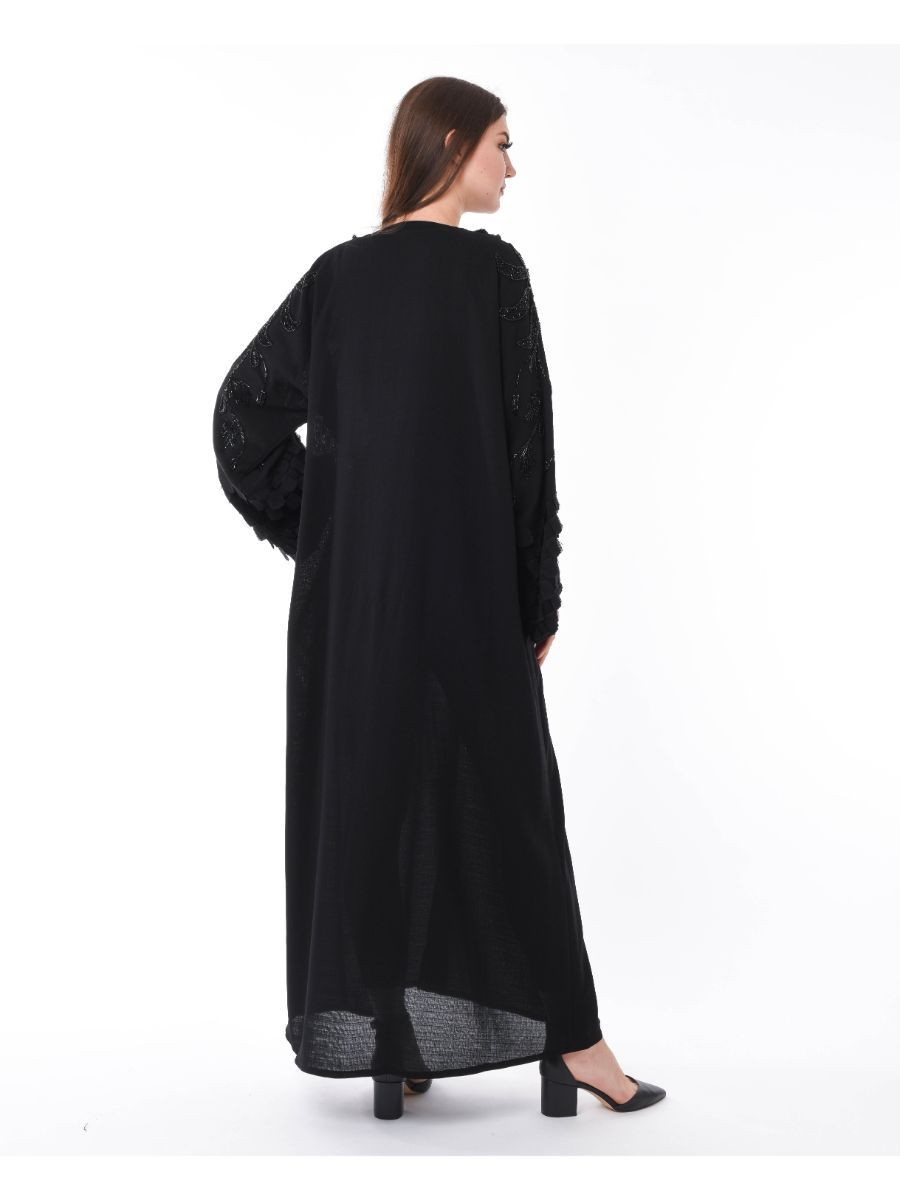 MOiSTREET Black Abaya with Checkered Panels and Hand Embroidery