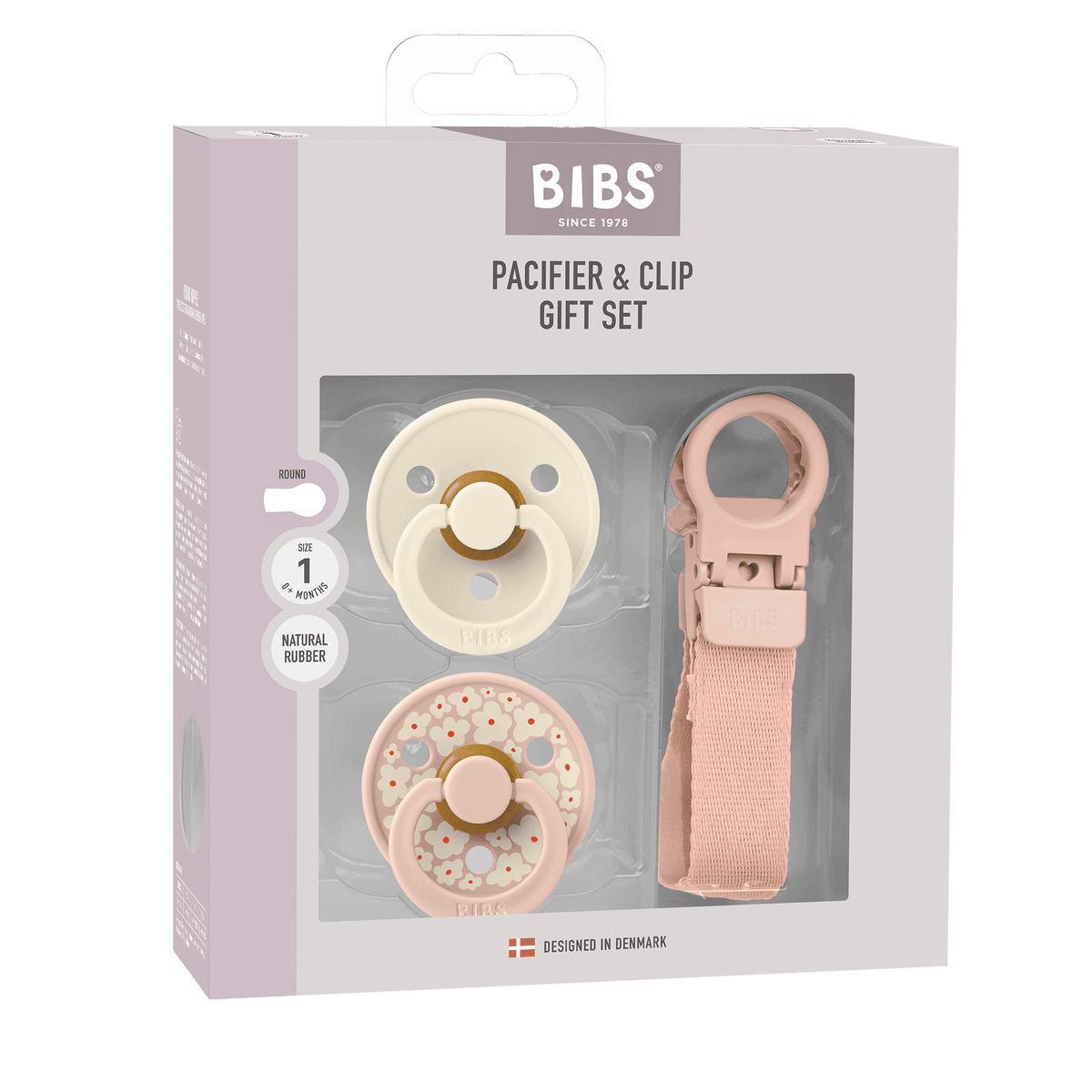 BIBS Colour Pacifier & Loop Clip Gift Set Latex Size 1 — Blush / Ivory