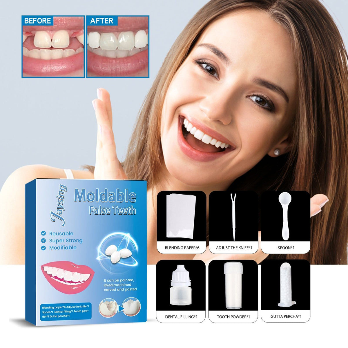 Temporary Vampire Dentures Kit, Dental Glue, Fake Teeth Repair, Party Costume ,1pcs