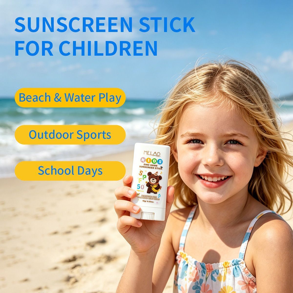 MELAO Kids Zinc Oxide Sunscreen Stick SPF50+ PA++++, Gentle Solid Sun Protection for Sensitive Skin 15g