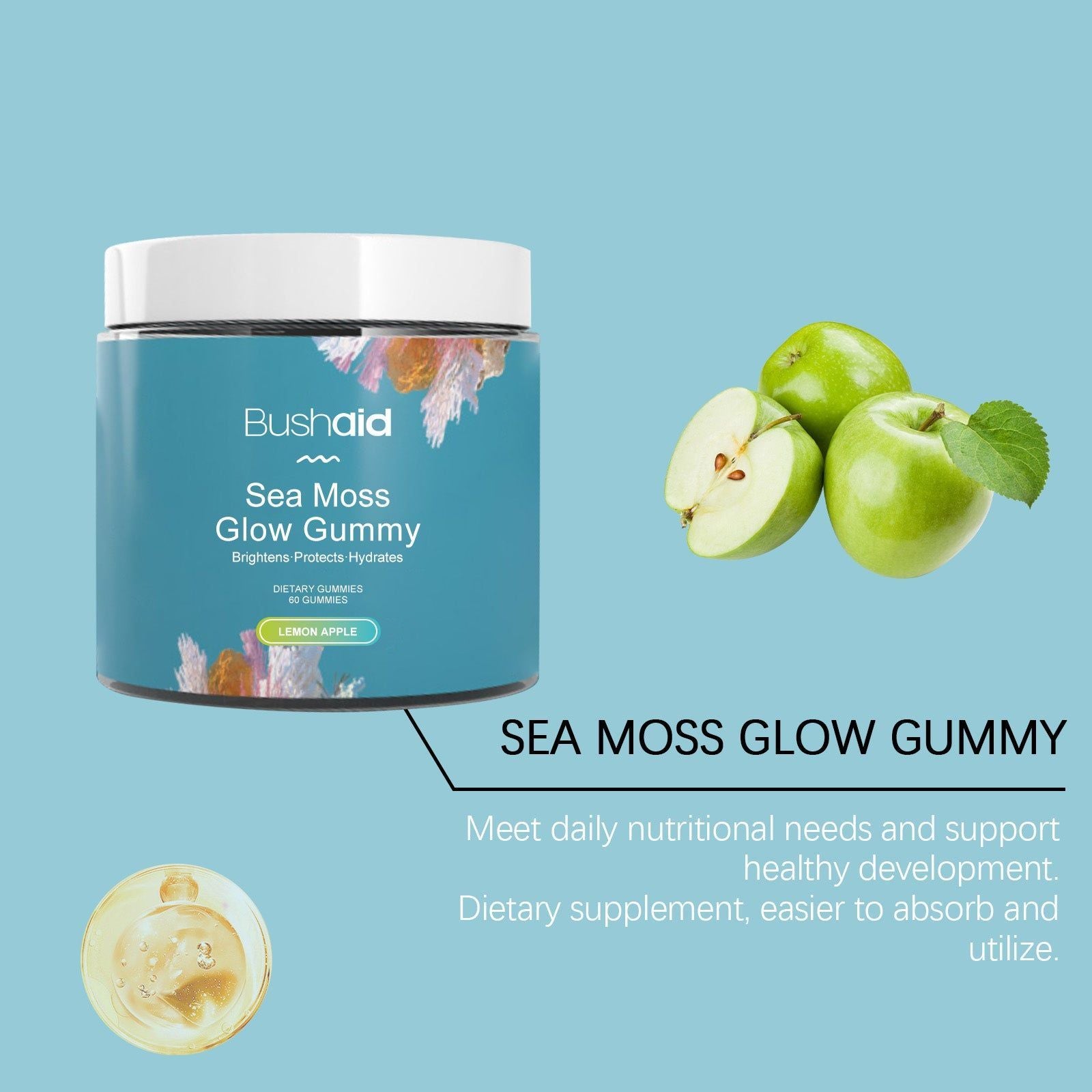 BushAid Sea Moss Glow Gummy Body Care, Nourishing Skin Hair Nails, Natural Beauty ,60pcs