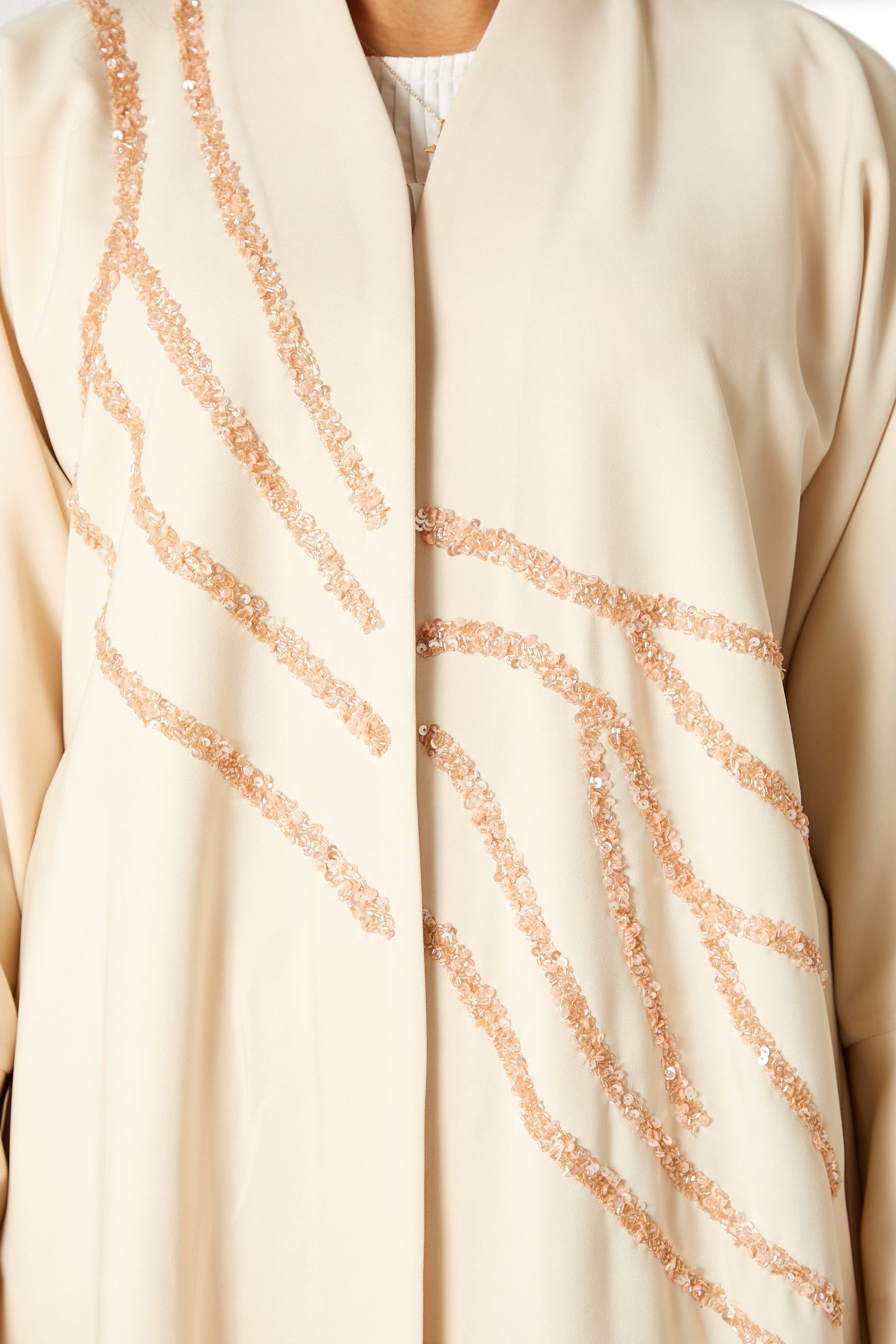 MOiSTREET Peach Bridal Satin Embroidered Abaya