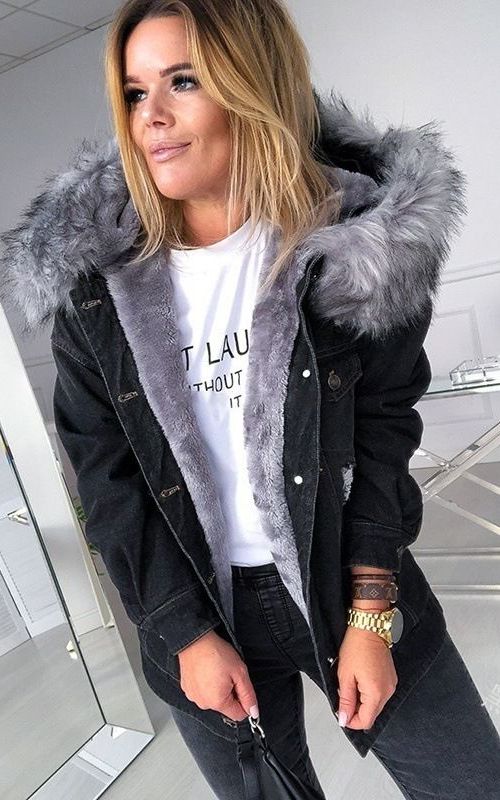 Winter Thick Denim Jacket Women Casual Long Sleeve Fur Collar Hooded Warm Coat