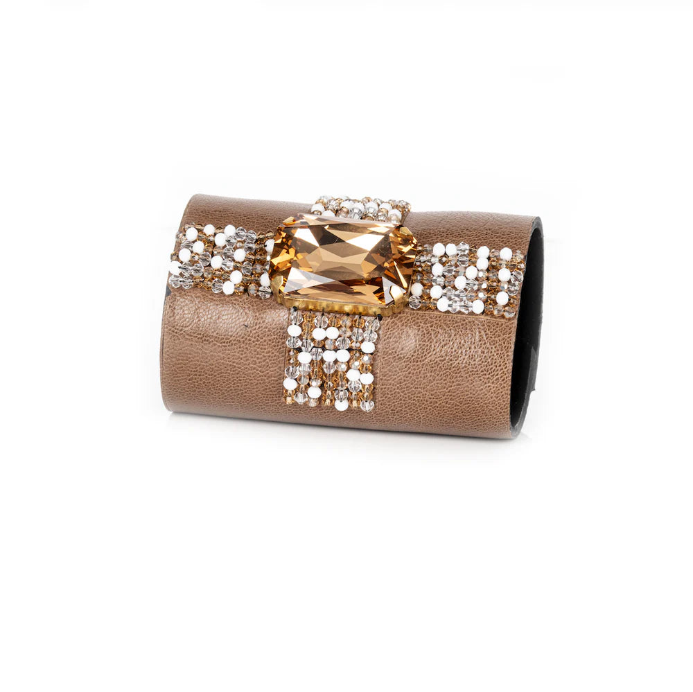 The Dark Champagne Grid Cuff Taupe Leather Crystal Statement Bracelet